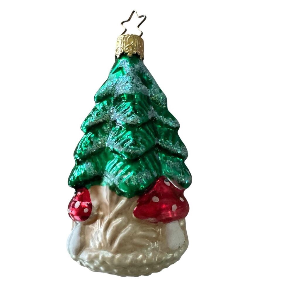 Christmas Tree with Santa & Mushrooms Glass Christmas Ornament 3"